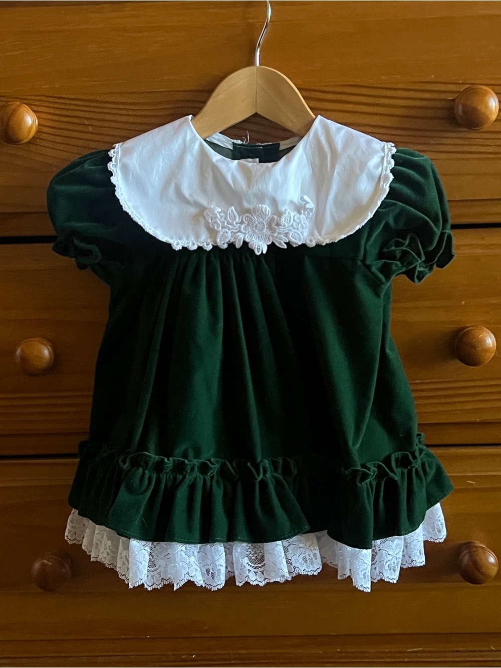 Vintage Girls Green Velvet Dress with White Lace Collar